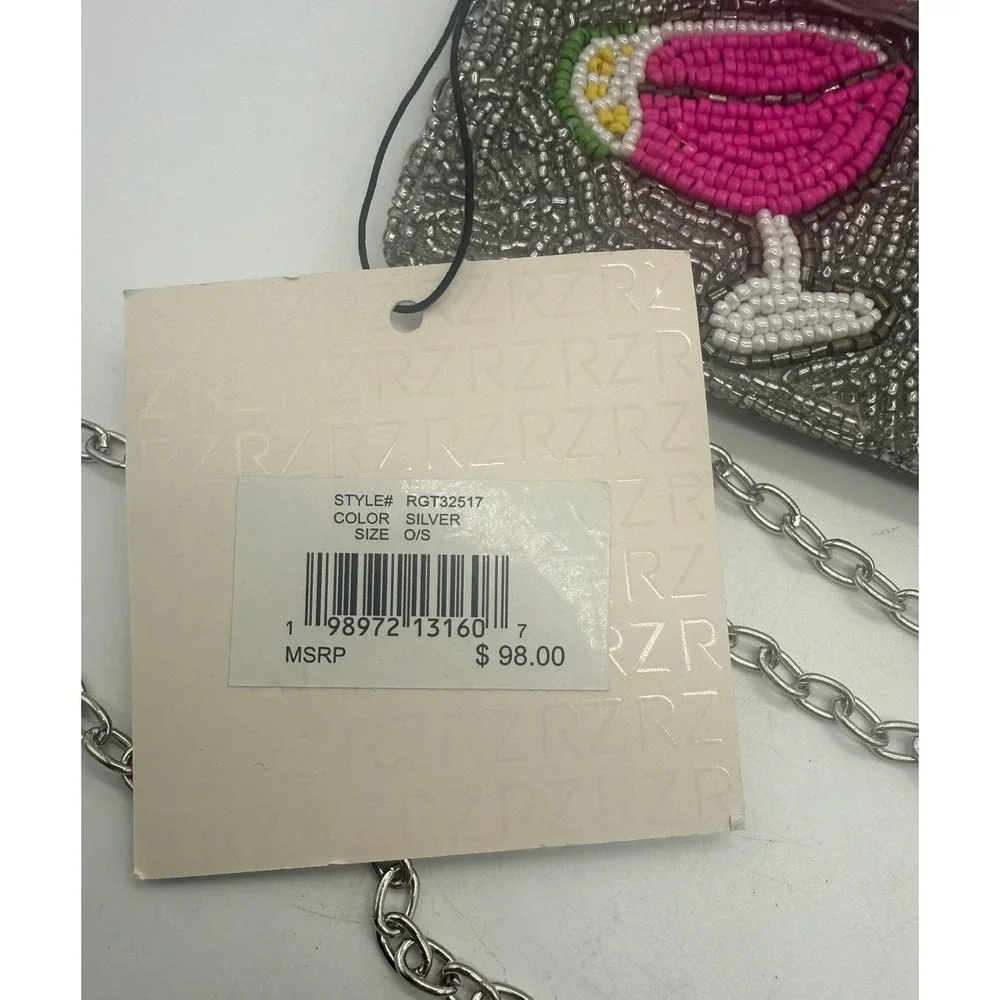 Rachel Zoe Clutch Bag Womens Small Silver Beaded Cocktail Glasses‎ Chain Strap